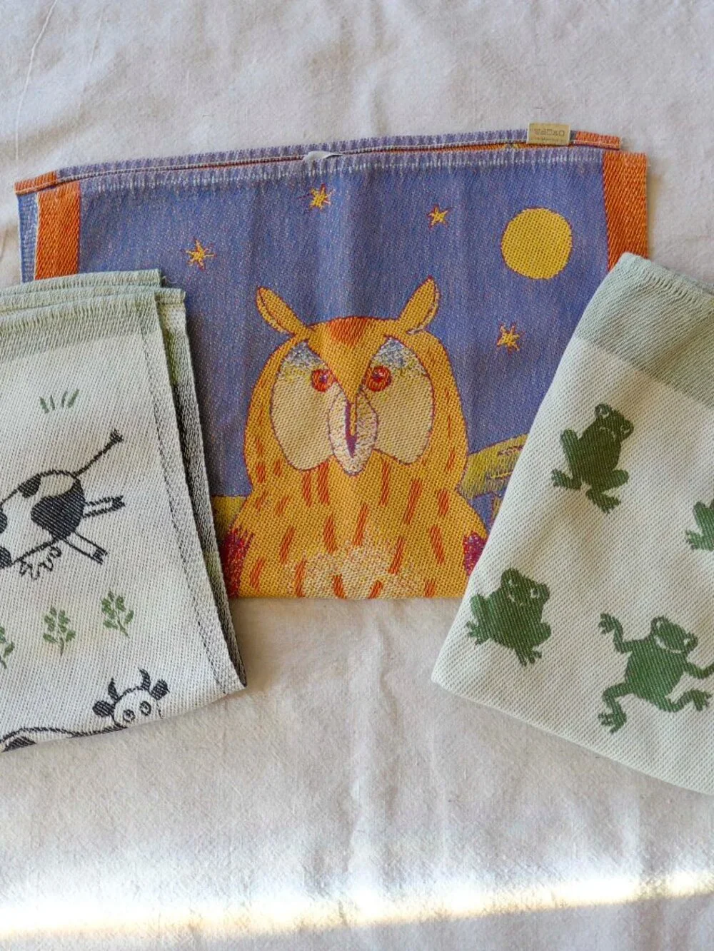 Set of three Ekelund Master Weavers Cotton Kitchen Towels – Cow, Frog and Owl